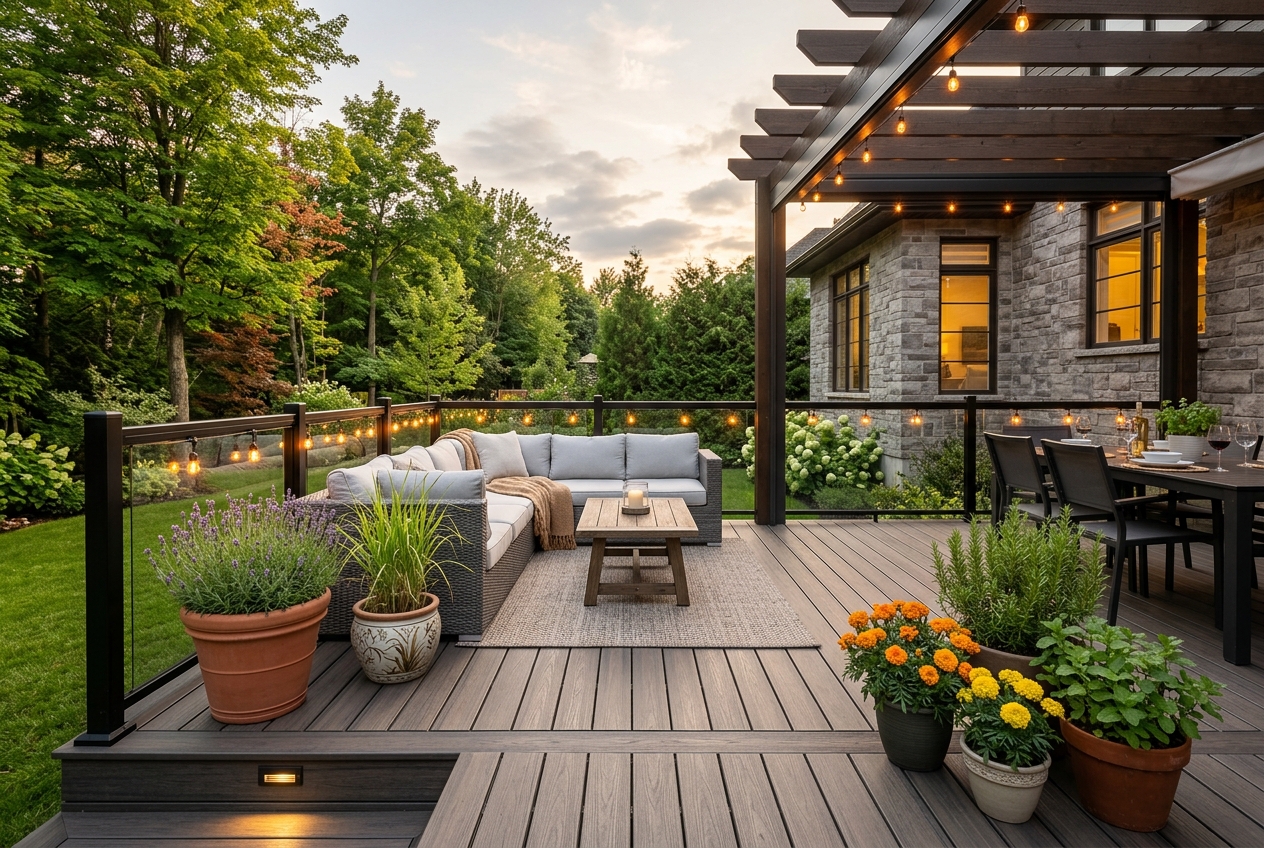Superbe terrasse en composite au Québec aménagée avec des plantes anti-moustiques en pots pour des soirées d'été parfaites