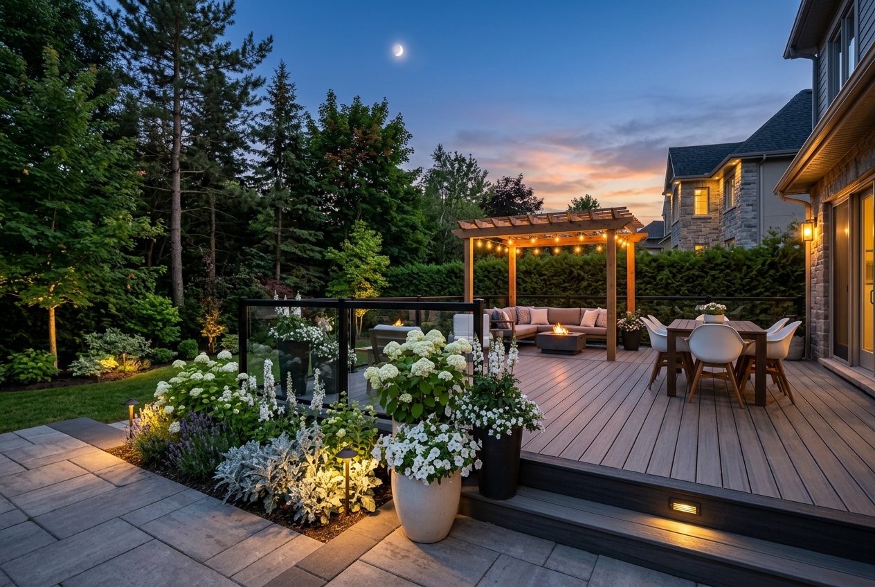 Magnifique terrasse en composite au Québec aménagée avec un jardin de lune, éclairage doux et plantes blanches