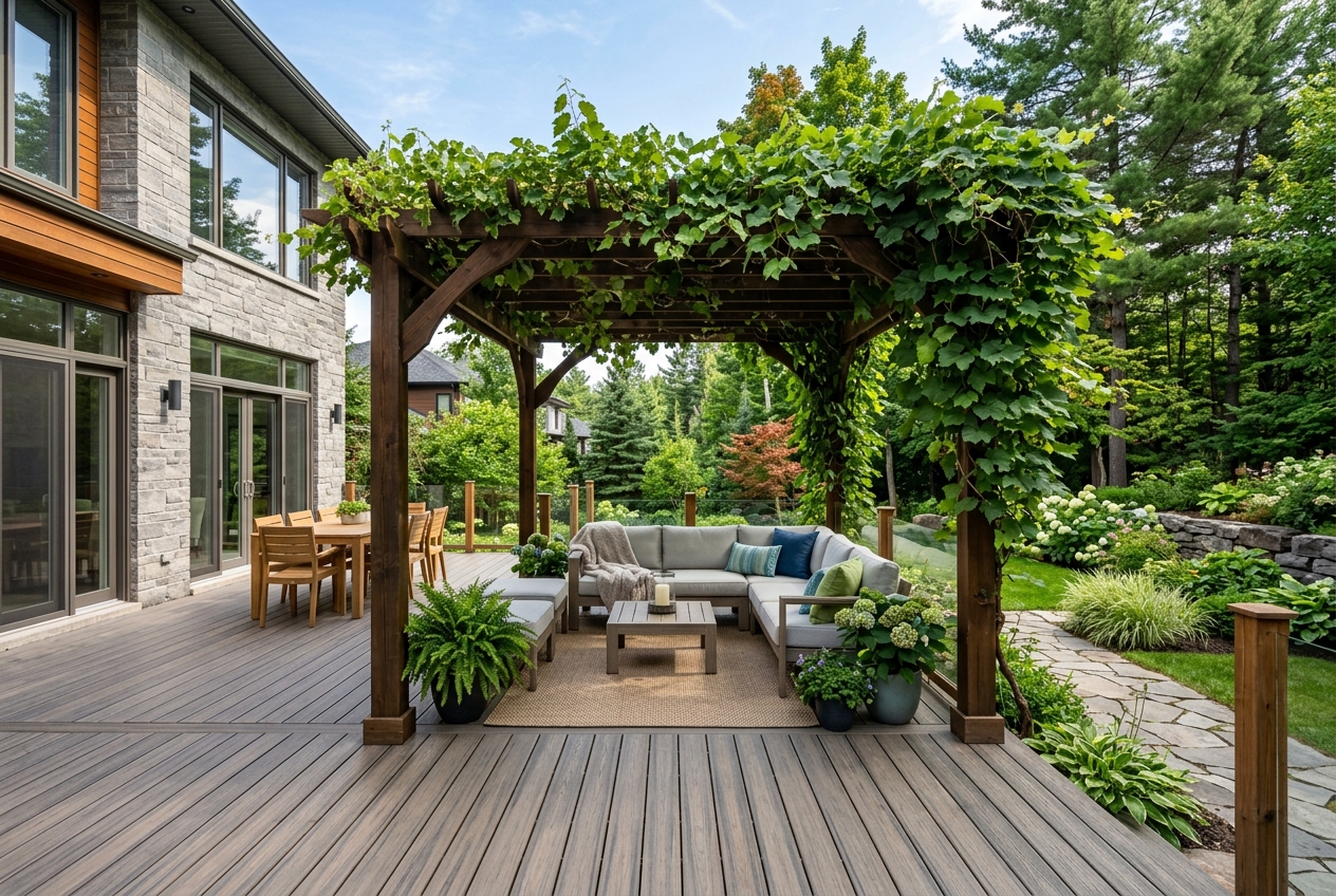 Magnifique terrasse en composite au Québec aménagée avec une pergola en bois et des plantes grimpantes luxuriantes offrant de l'ombre naturelle en plein été