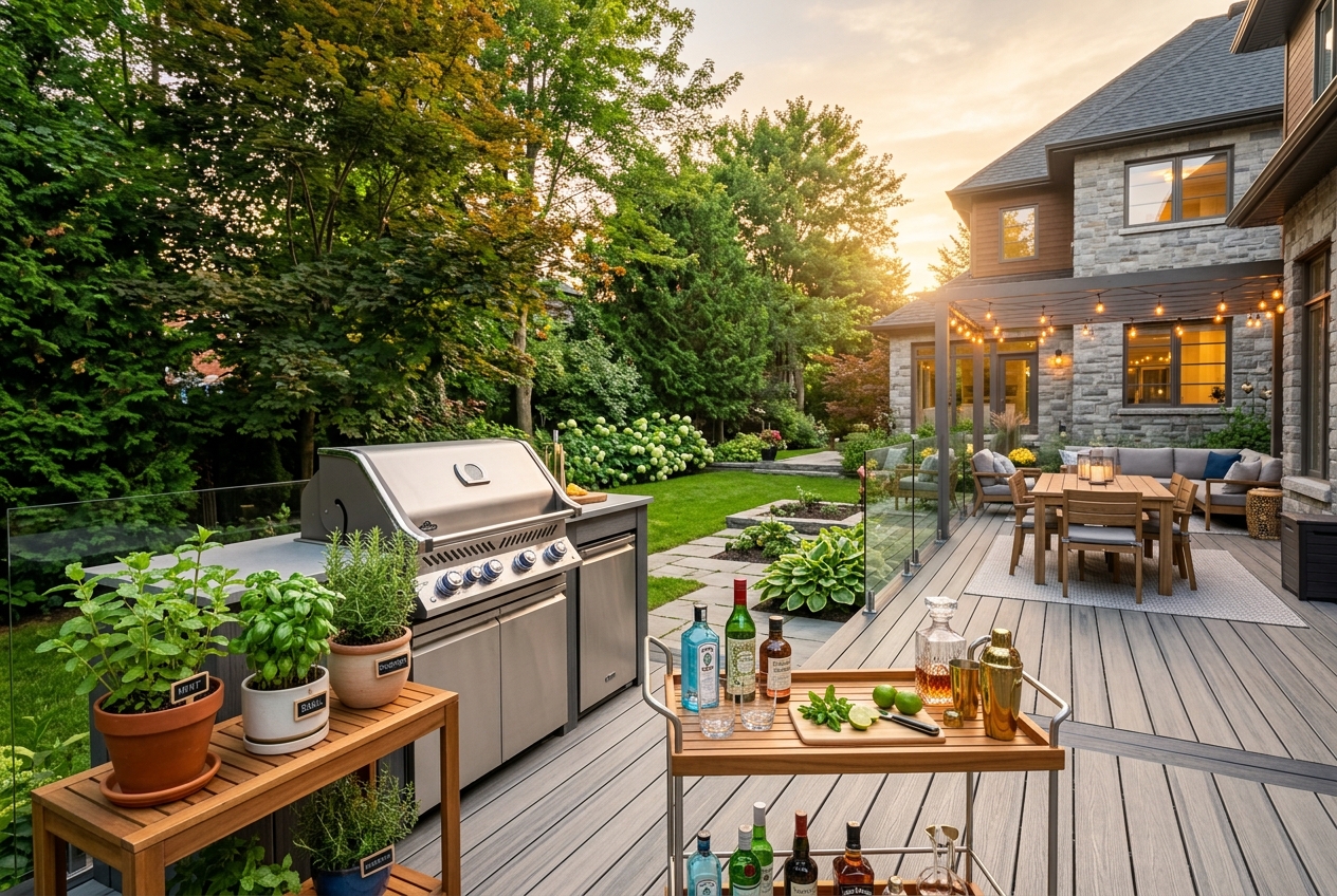 Mini-jardin d'herbes aromatiques luxuriant sur une terrasse en composite moderne au Québec, avec un BBQ en arrière-plan