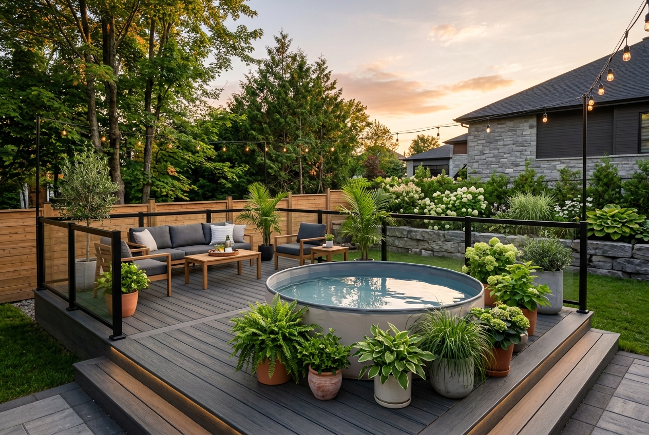 Piscine temporaire estivale sur une terrasse en composite au Québec