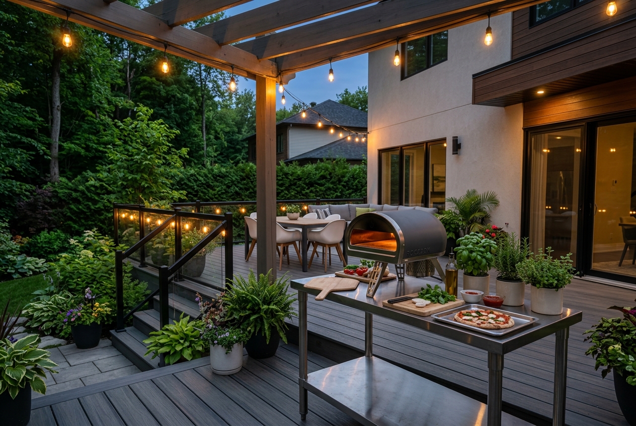 Station de four à pizza portatif sur une terrasse en composite aménagée pour une soirée d'été au Québec