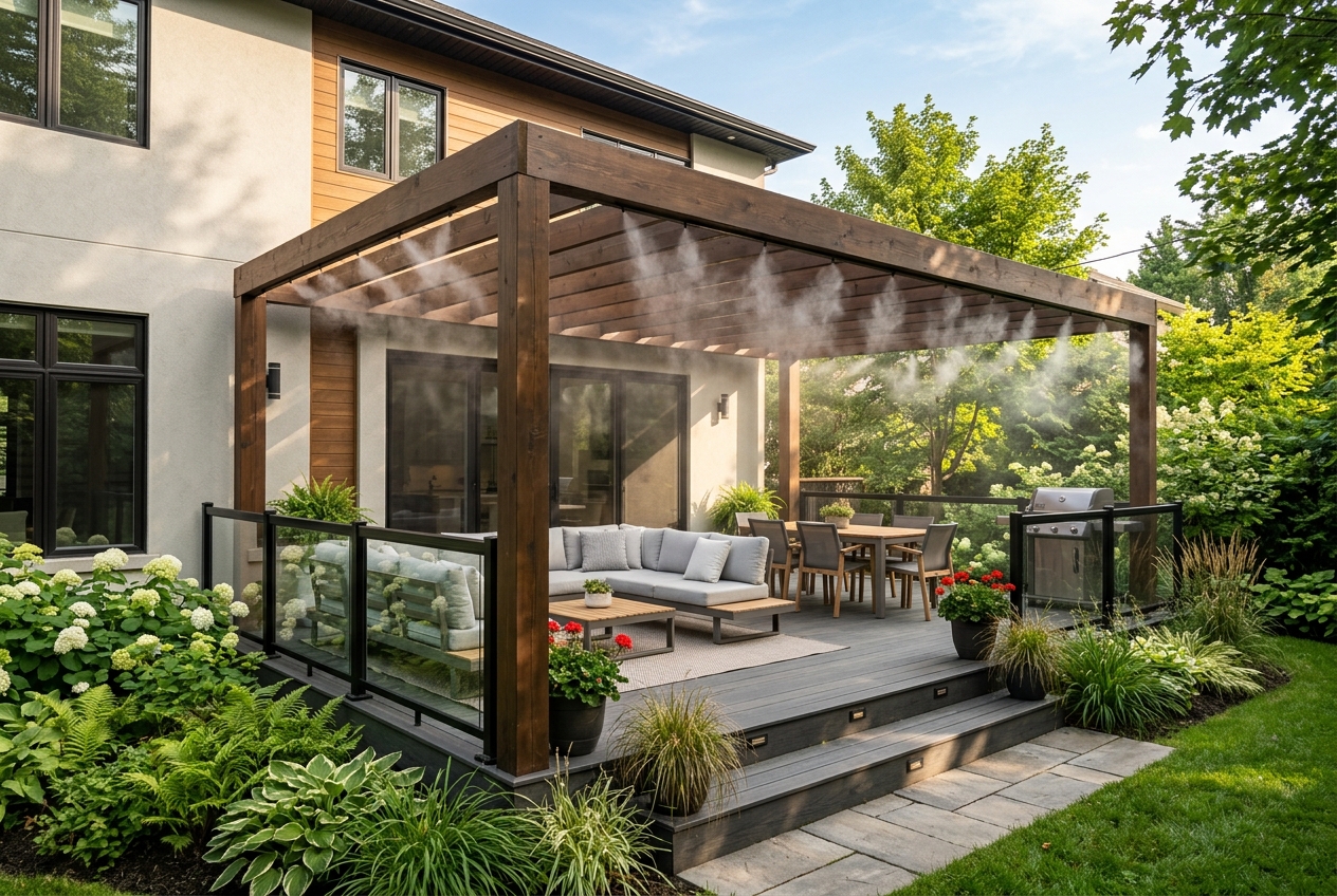Superbe terrasse en composite au Québec équipée d'un système de brumisation rafraîchissant pour l'été