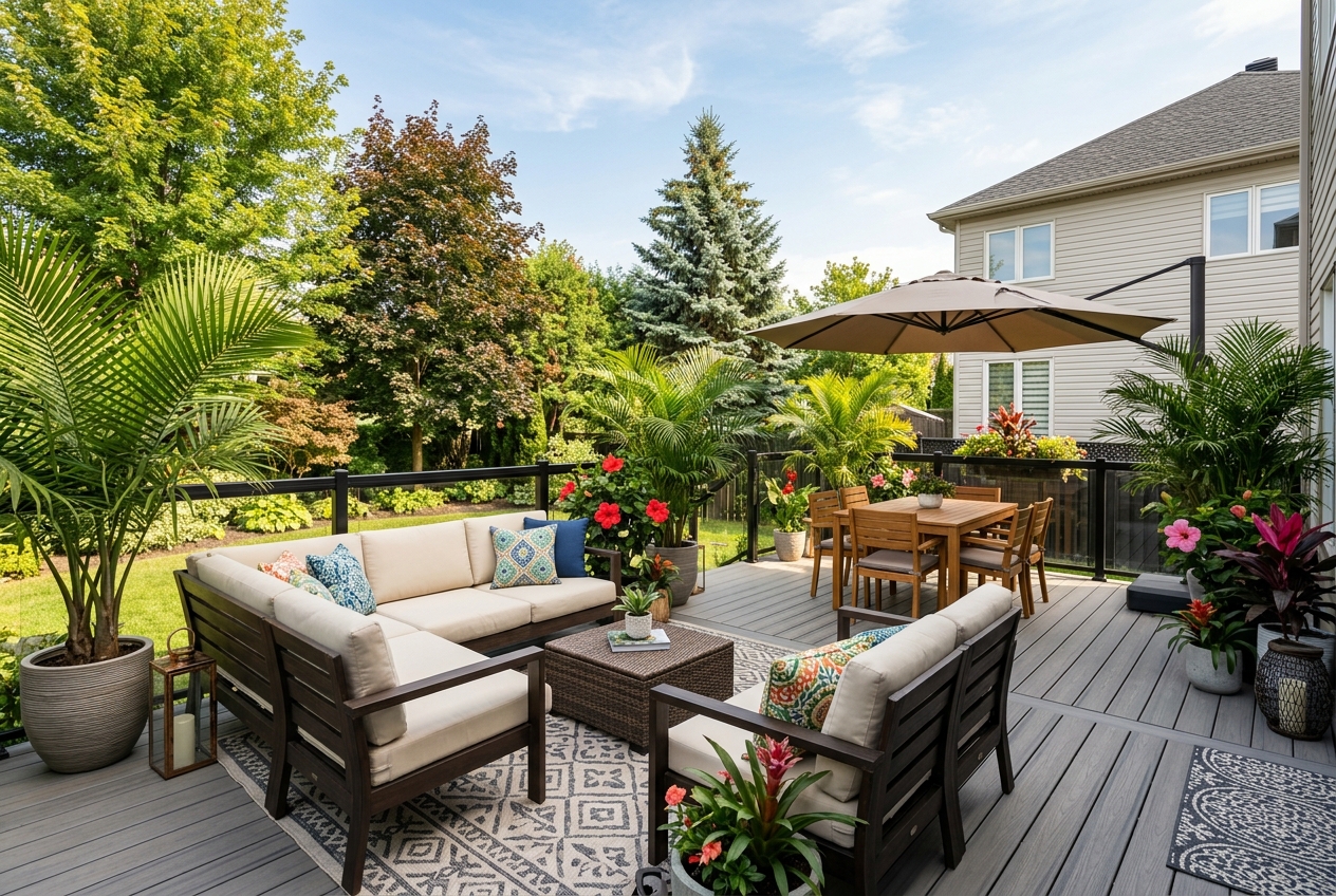Terrasse en composite moderne au Québec aménagée avec des plantes tropicales, palmiers et hibiscus pour des vacances à la maison