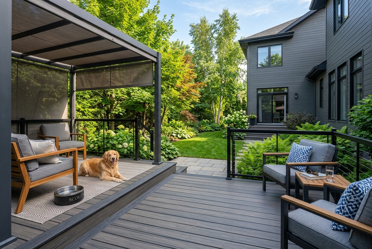 Chien se reposant à l’ombre sur un tapis de protection sur une terrasse en composite au Québec