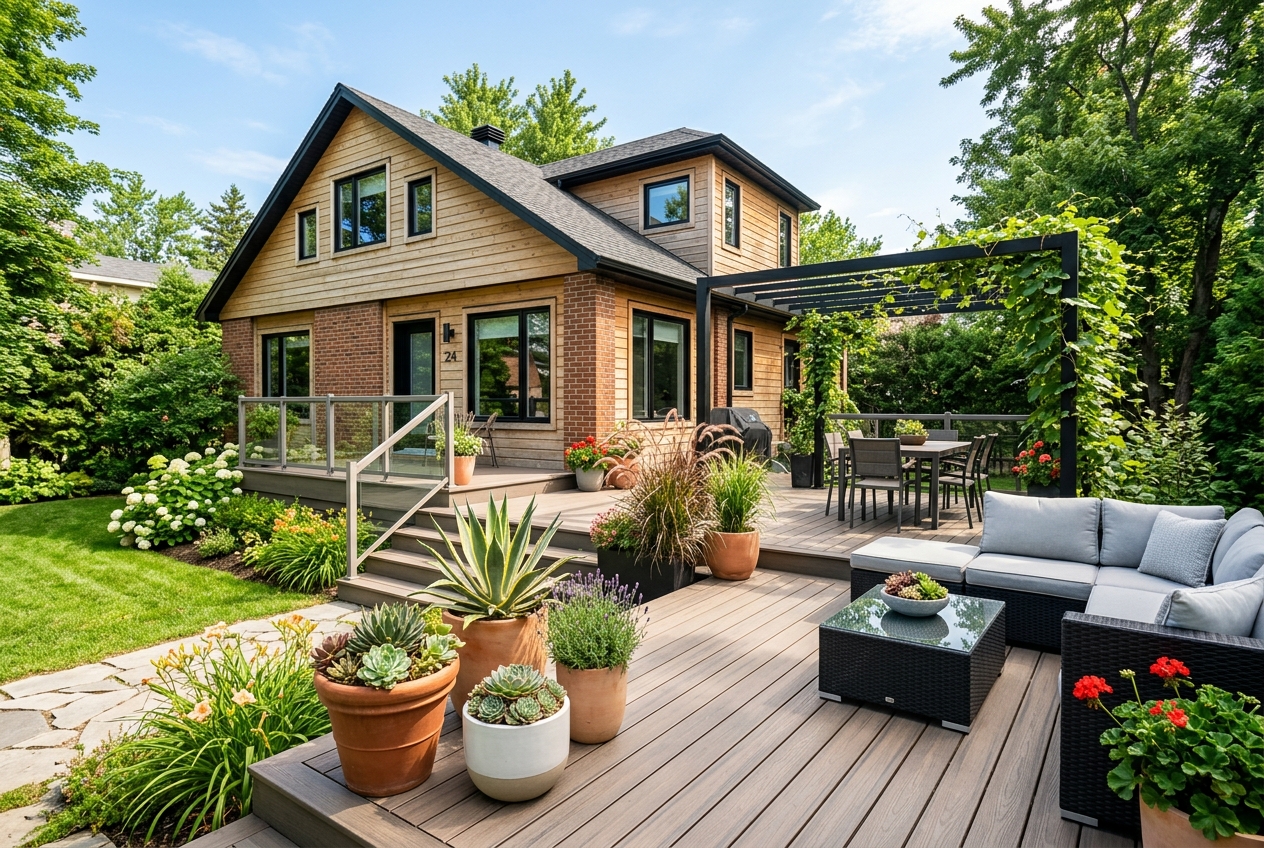 Magnifique terrasse en composite au Québec aménagée avec des succulentes et des plantes en pots résistantes à la chaleur en plein soleil