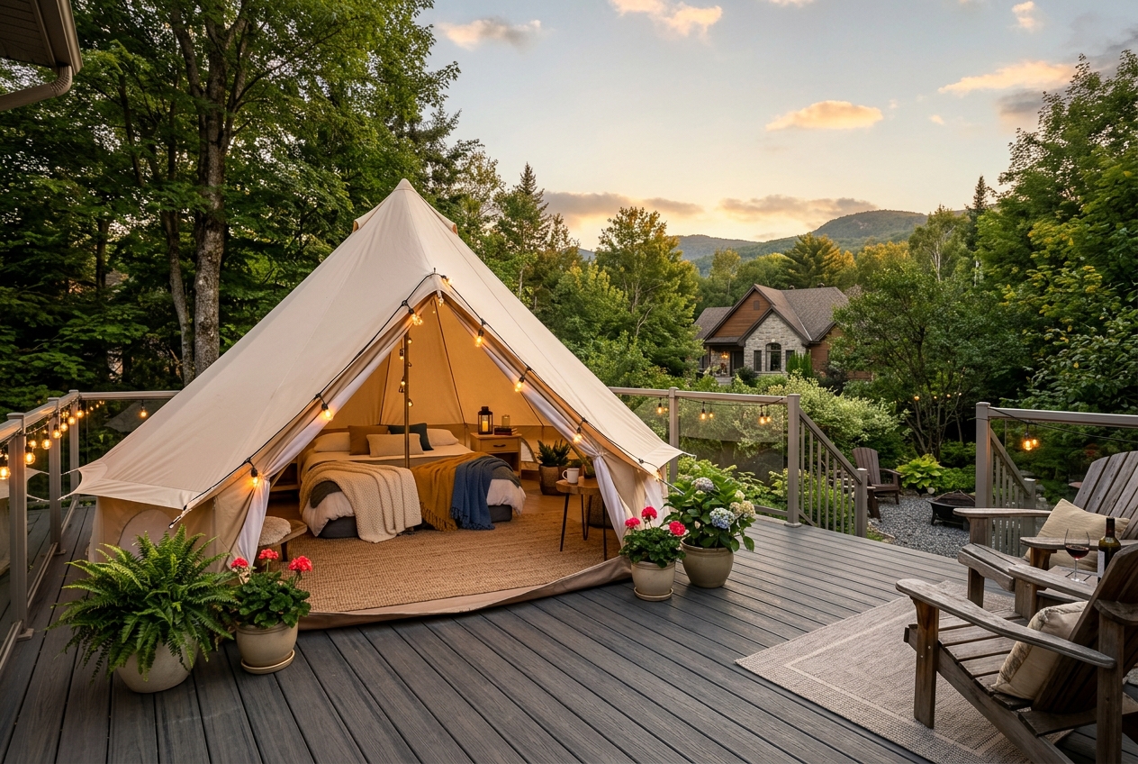 Aménagement de glamping luxueux avec une tente et des guirlandes lumineuses sur une terrasse en composite au Québec