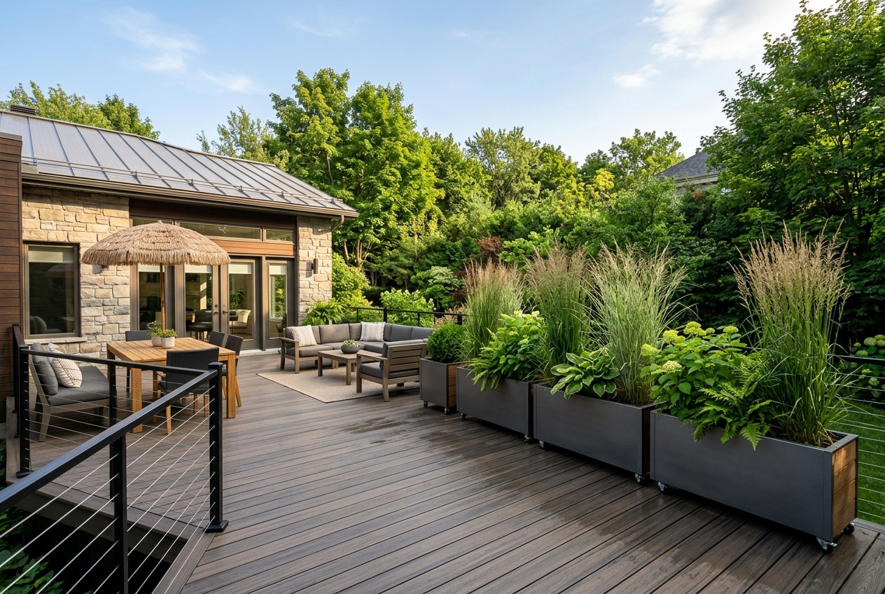 Jardinière moderne sur roulettes avec plantes hautes sur une terrasse en composite au Québec