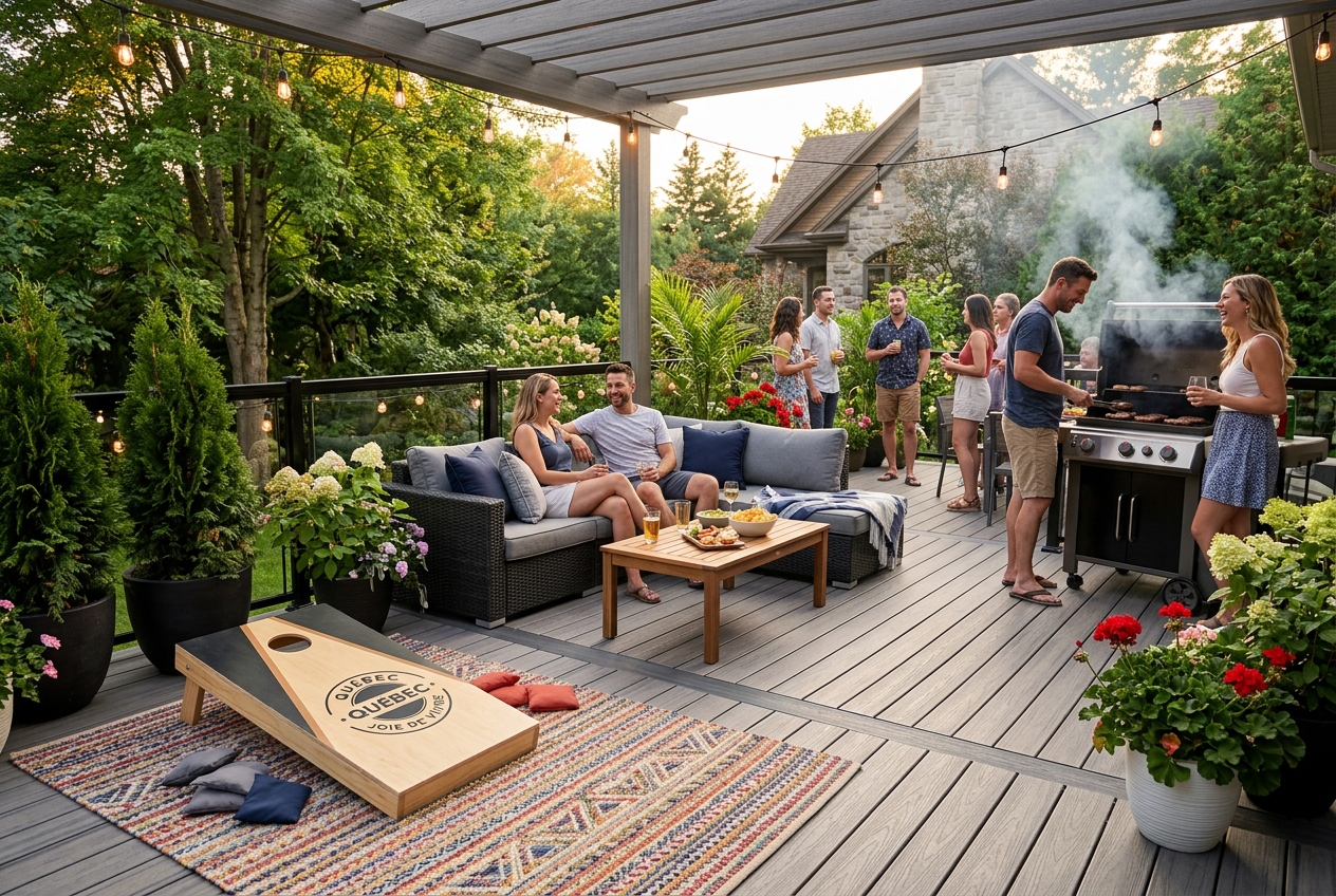 Composite deck in Quebec set up with a cornhole game and a BBQ for a summer evening