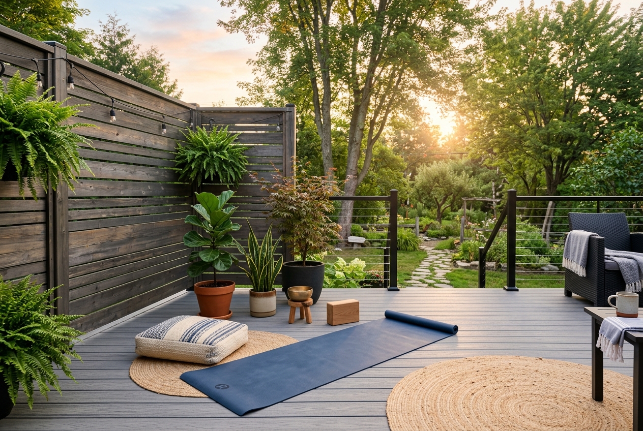 Sanctuaire de yoga matinal sur une terrasse en composite au Québec avec coussins et plantes