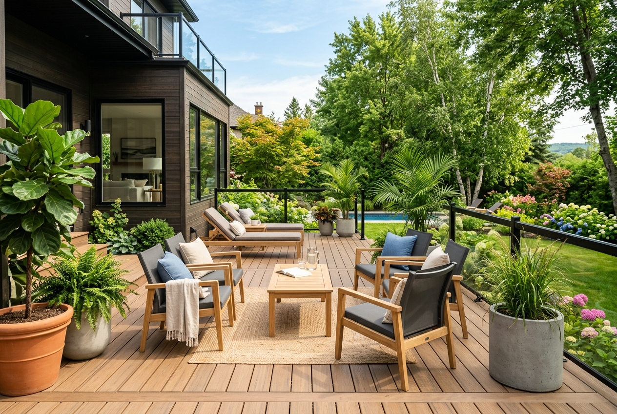 Superbe terrasse en composite au Québec aménagée avec des meubles de patio clairs et résistants à la chaleur pour l'été