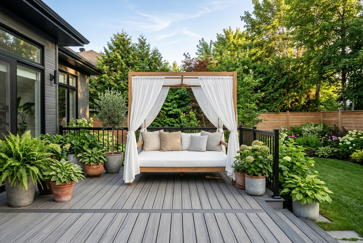 Lit de jour luxueux avec voilages sur une magnifique terrasse en composite au Québec