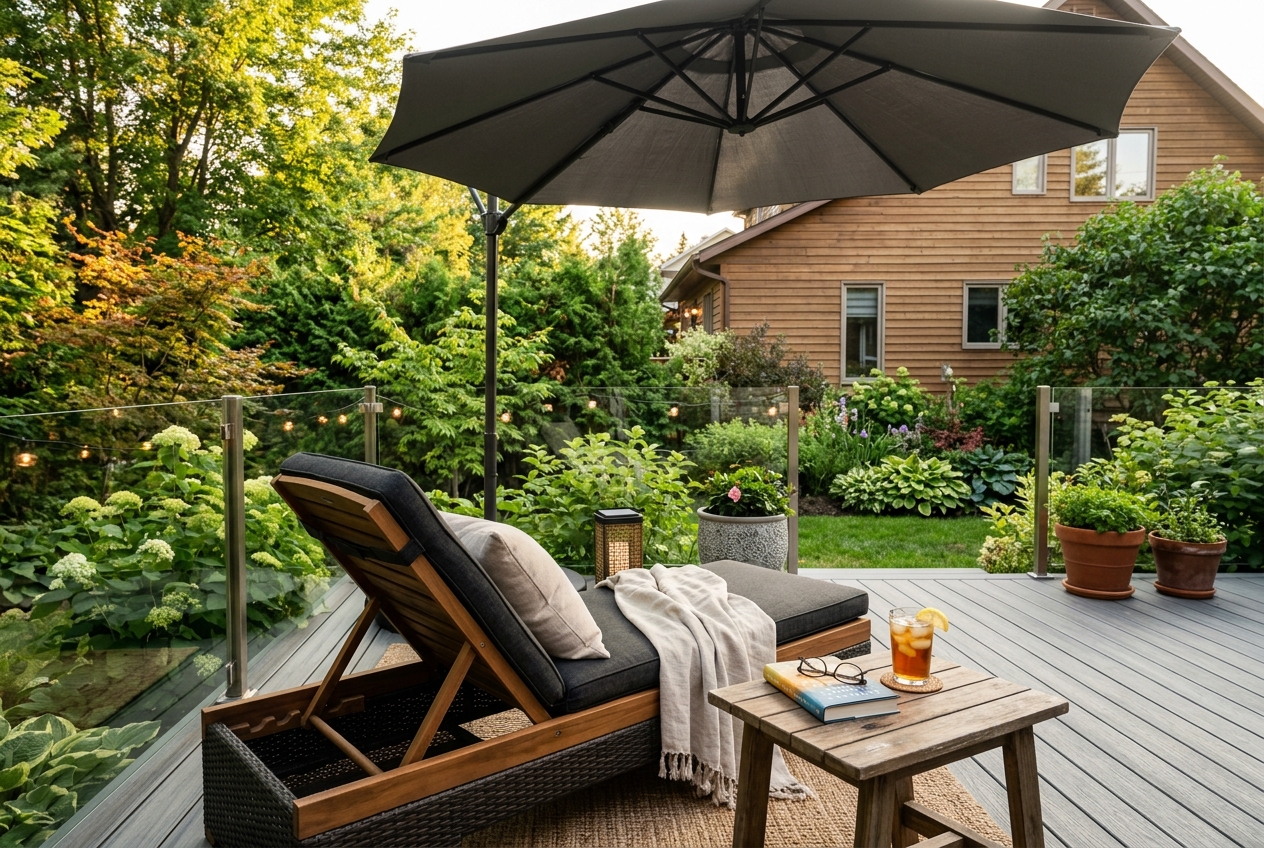 Aménagement d'un coin lecture ombragé et confortable sur une terrasse en composite moderne au Québec