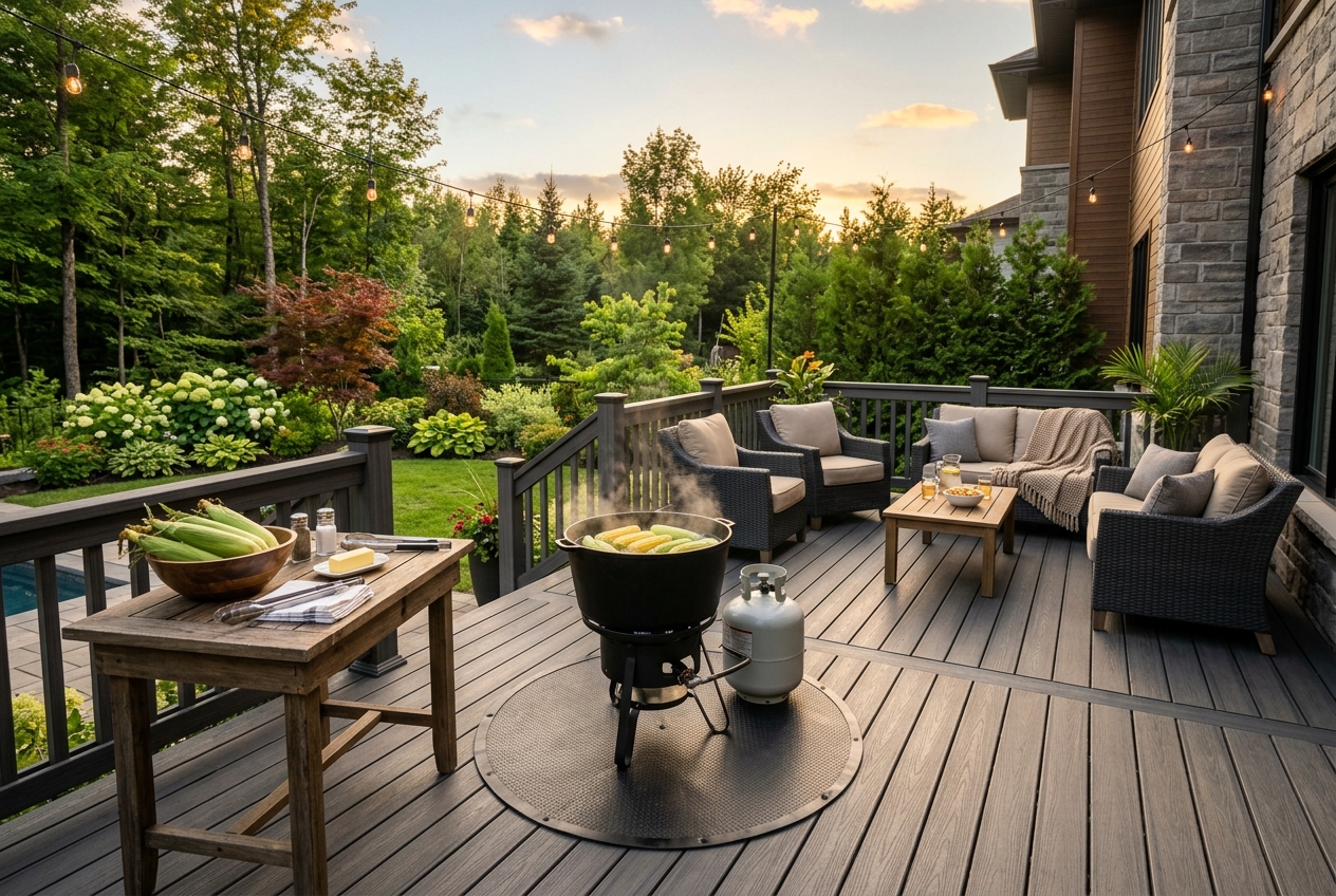 Beautiful composite wood deck set up for a corn roast in a Quebec backyard