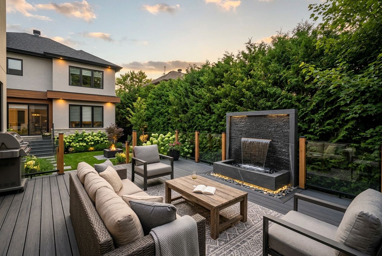 Aménagement acoustique d'une terrasse en composite au Québec avec plantes denses et mur d'eau pour réduire le bruit