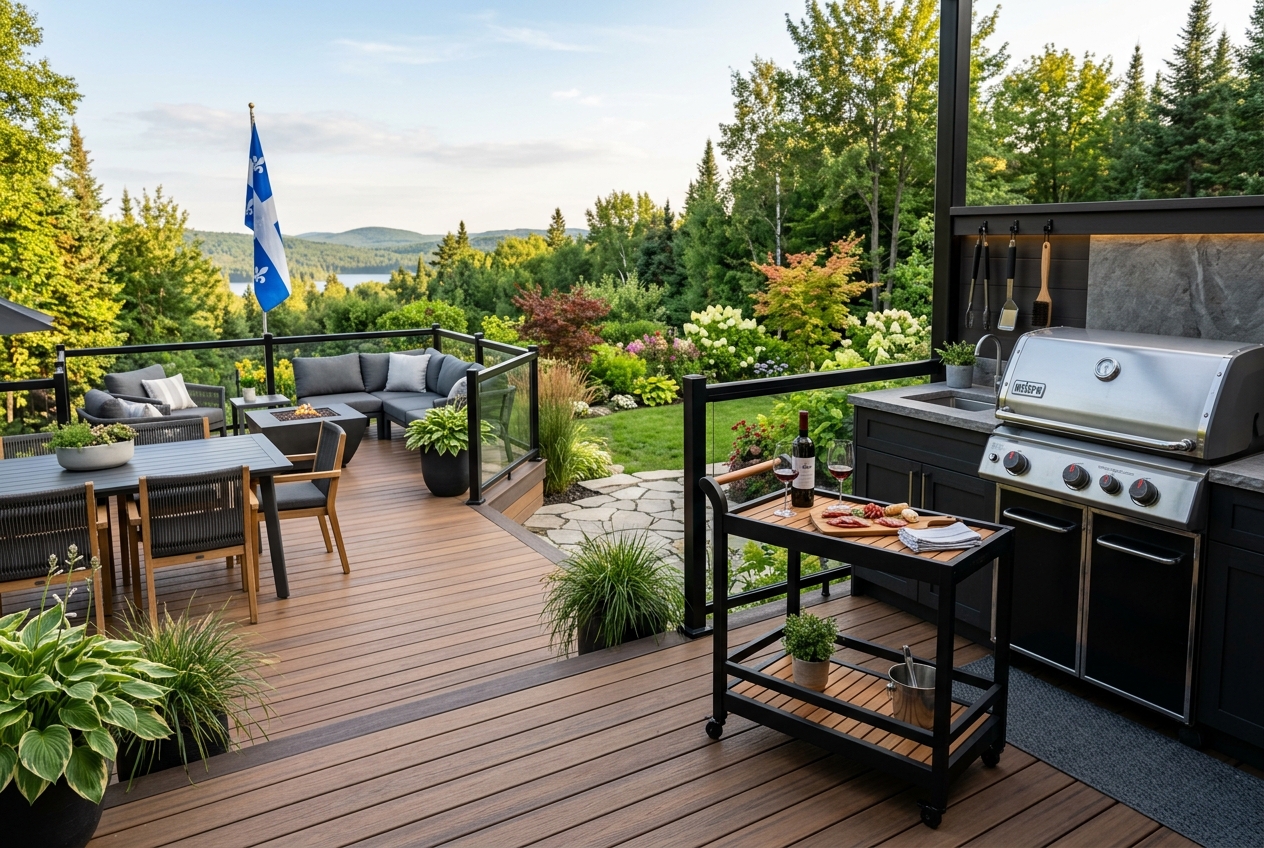 Desserte d'extérieur sur roulettes élégante sur une terrasse en composite moderne lors d'un BBQ au Québec