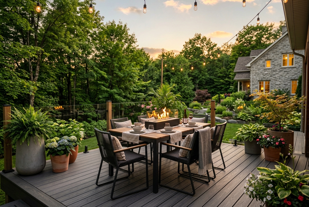 Mini-braséro de table au bioéthanol allumé sur une table de patio extérieure, avec une belle terrasse en composite en arrière-plan lors d'une soirée d'été au Québec.