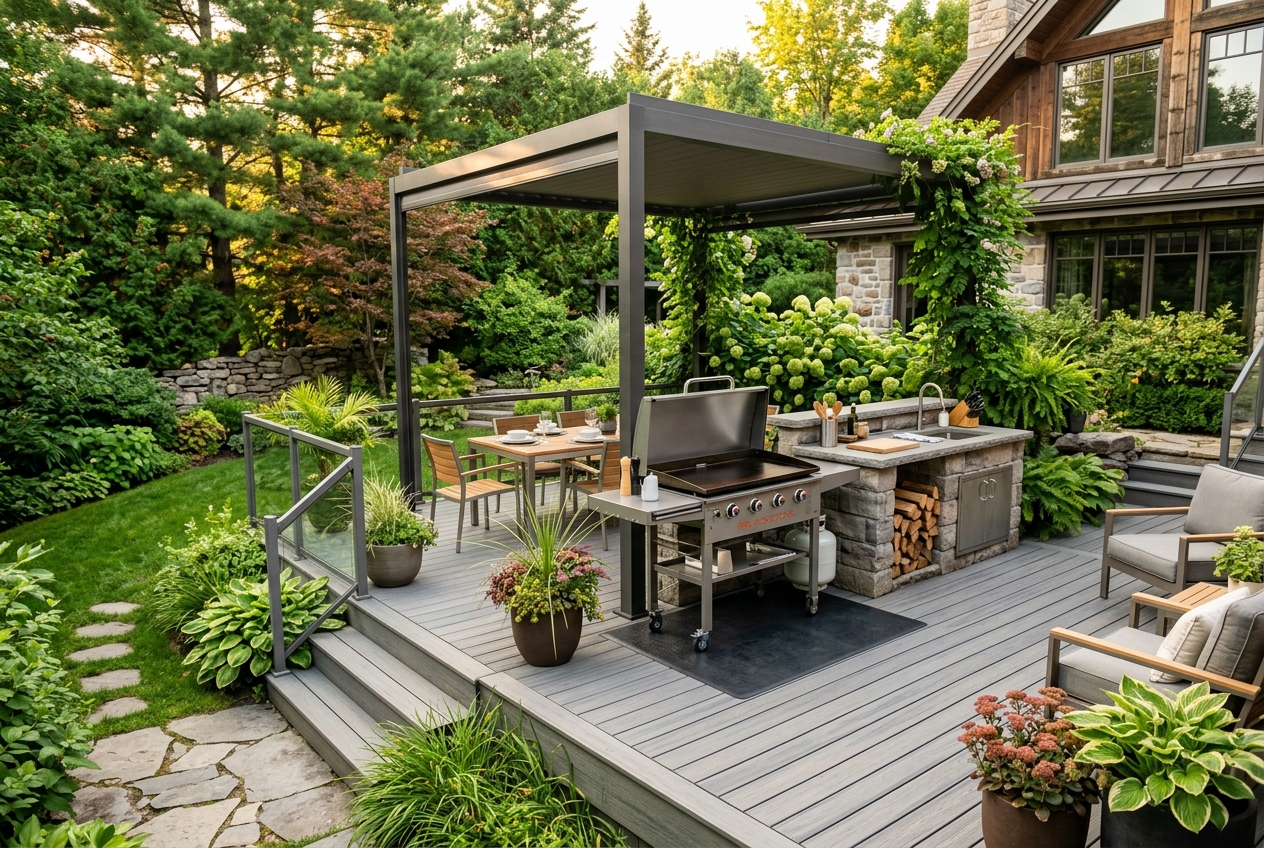 Une belle terrasse en composite au Québec aménagée avec une plancha de type Blackstone, un tapis de protection et des plantes sous une pergola estivale
