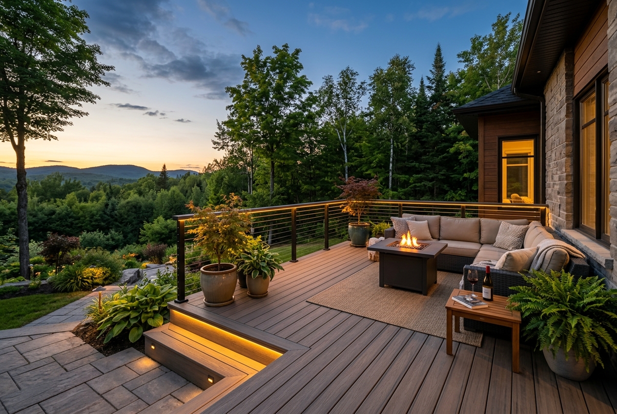 Terrasse en composite moderne au Québec éclairée par des lumières LED ambrées anti-moustiques lors d'une soirée d'été