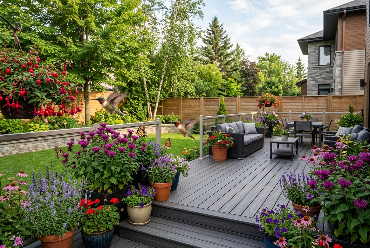 Superbe terrasse en composite au Québec aménagée avec des pots de fleurs colorées attirant les colibris et les papillons en plein été