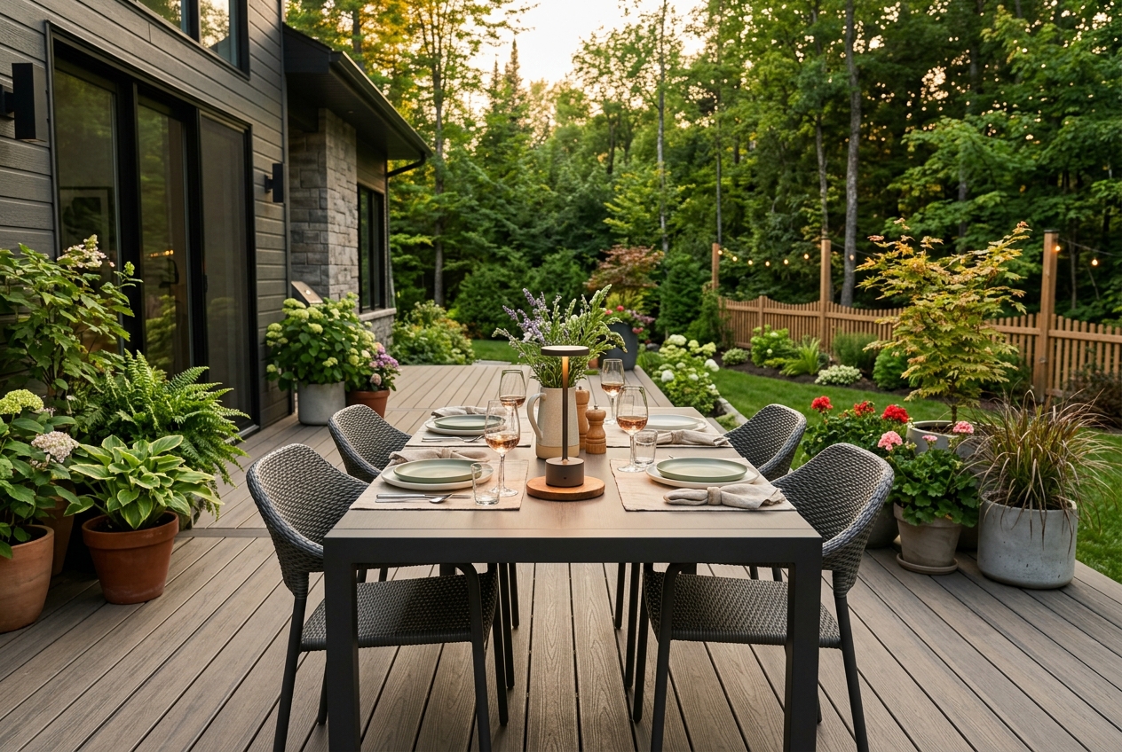 Lampe de table sans fil illuminant un souper d'été sur une terrasse en composite au Québec