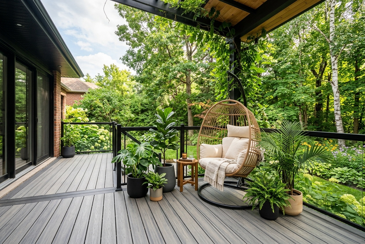 Chaise œuf suspendue sur pied installée sur une magnifique terrasse en composite dans une cour arrière au Québec