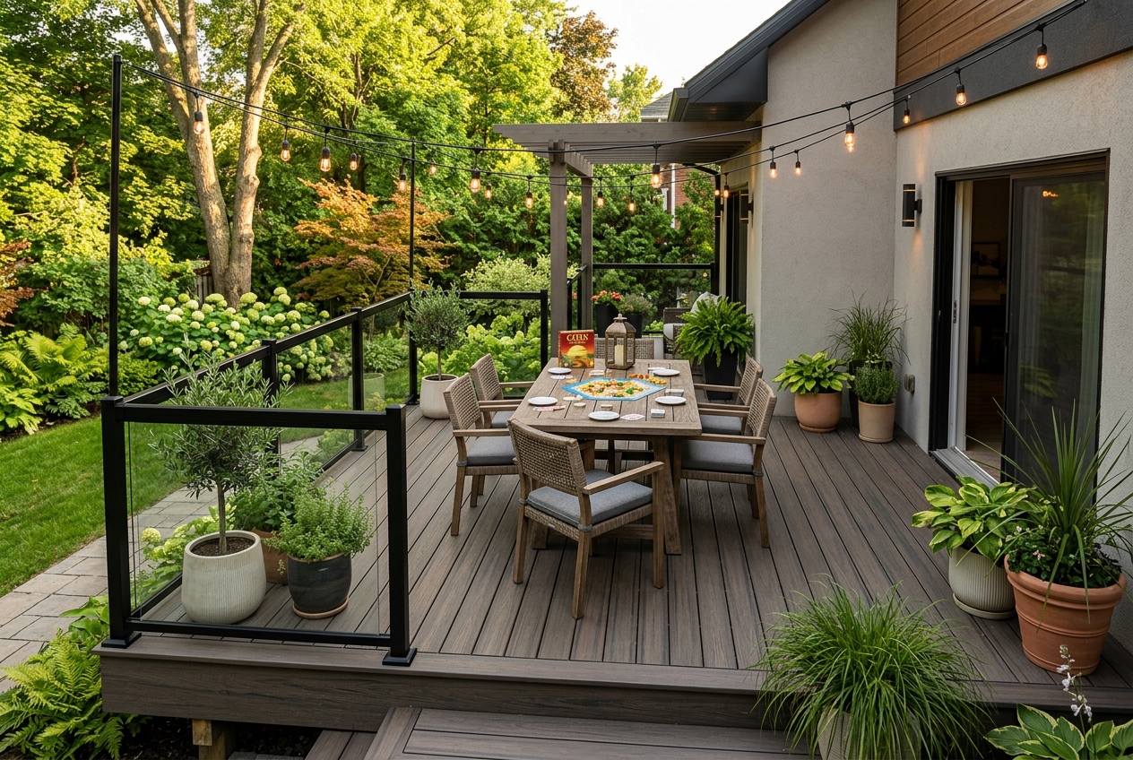 Une table de patio moderne aménagée avec un jeu de société sur une terrasse en composite au Québec pendant une soirée d'été