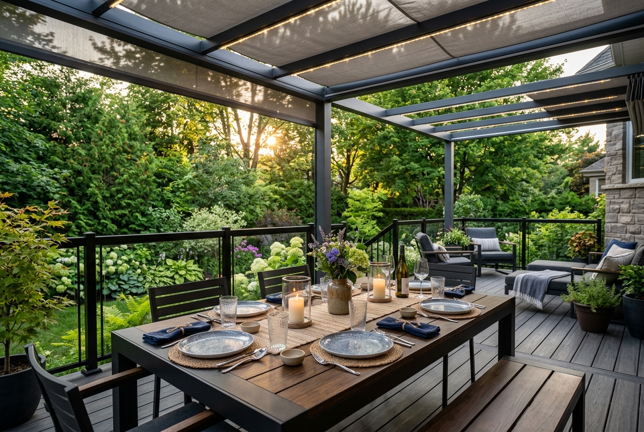 Table d'extérieur élégante avec vaisselle incassable sur une terrasse en composite au Québec