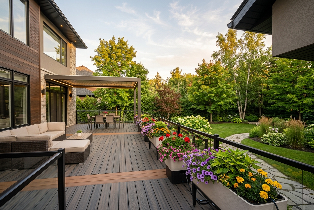 Jardinières à réserve d'eau sur une terrasse en composite moderne au Québec pendant l'été