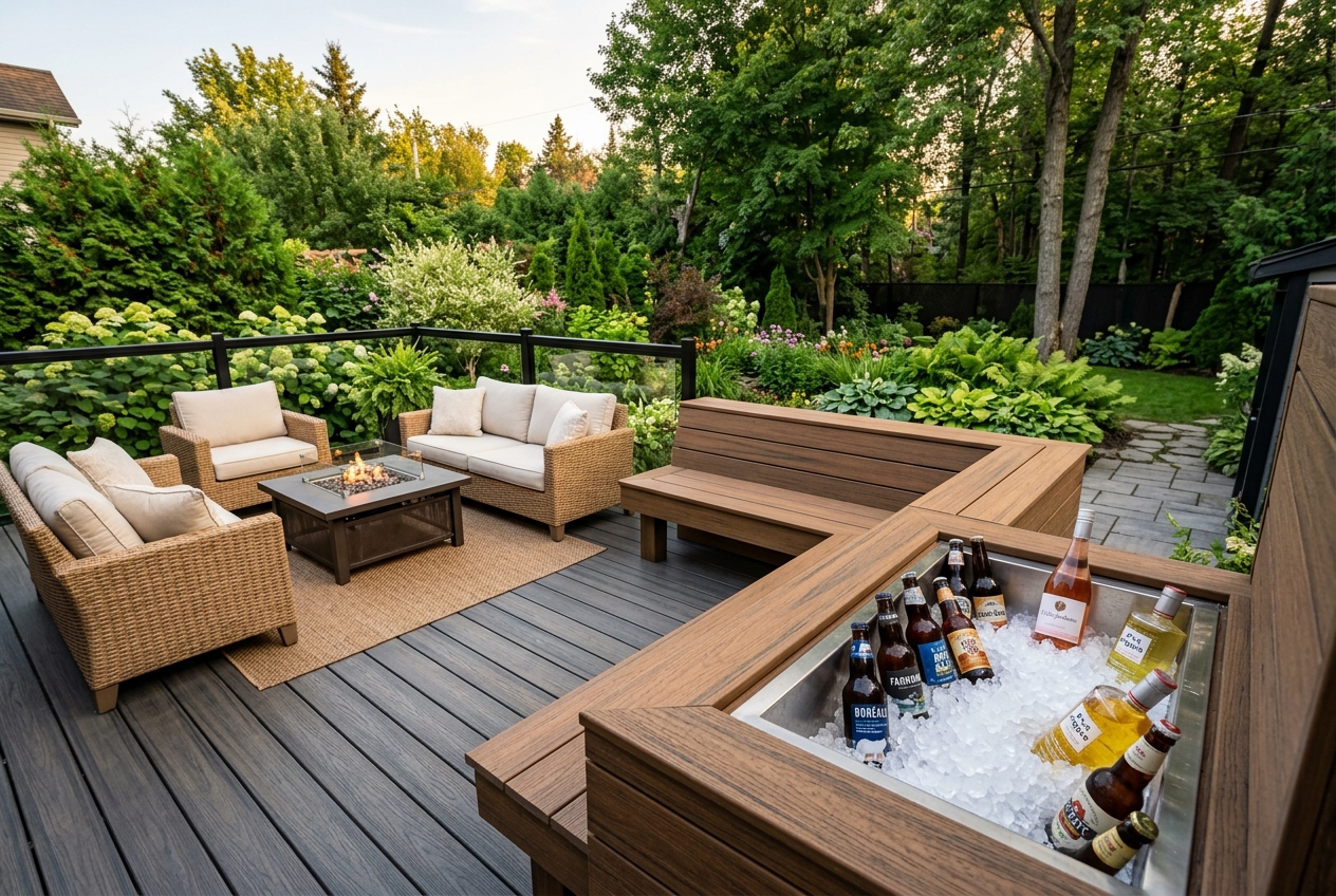 Superbe terrasse en composite au Québec avec une glacière encastrée dans une banquette sur mesure, remplie de glaçons et de boissons fraîches