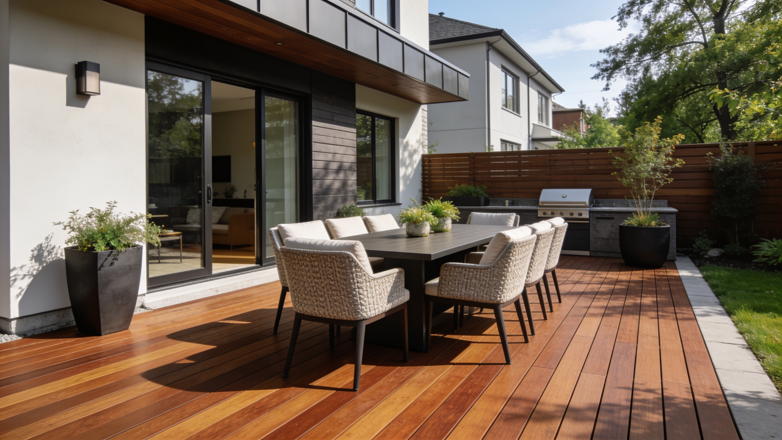 Terrasse composite ensoleillée avec table et chaises, idéale pour le café du matin au Québec