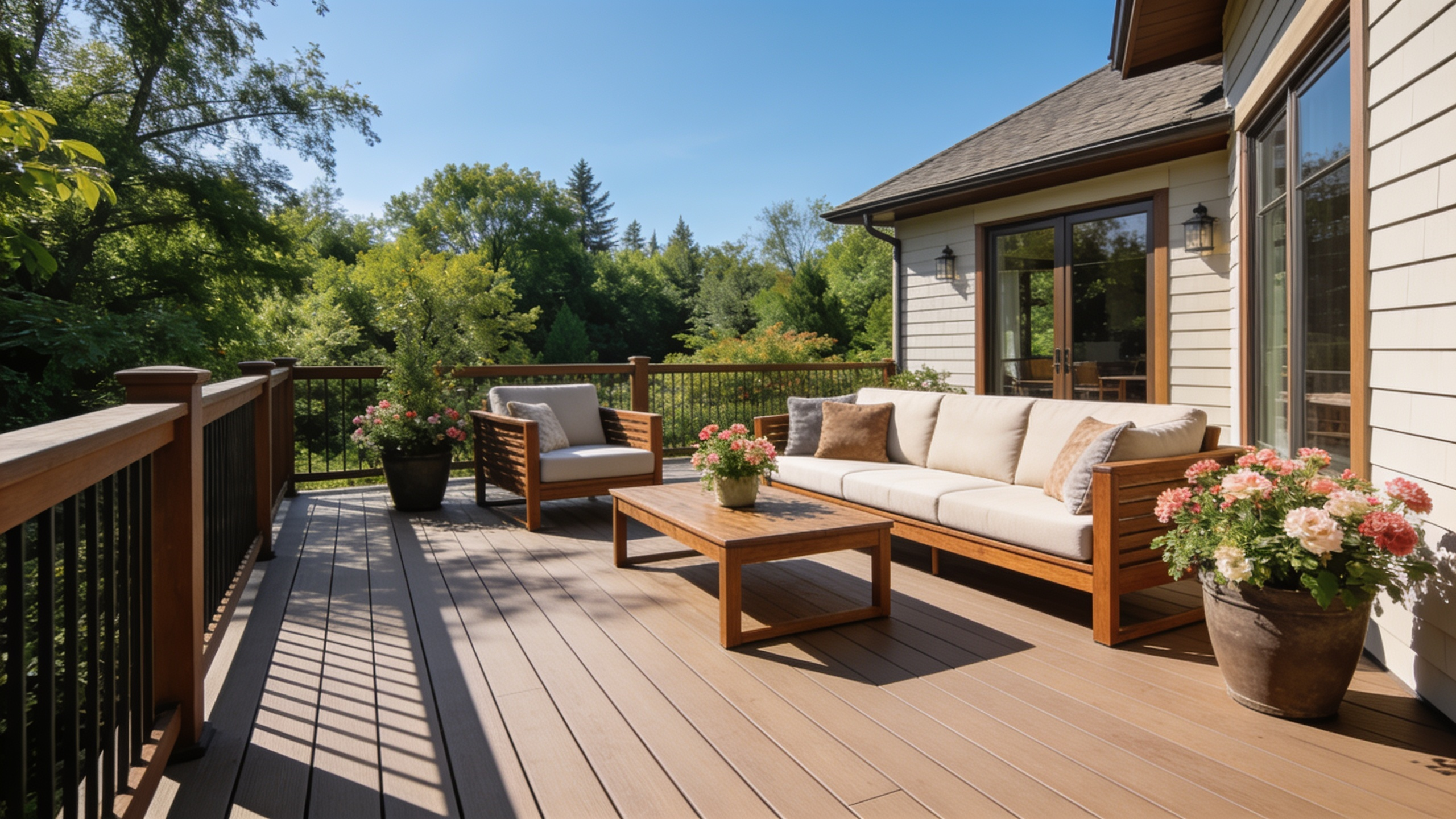Terrasse composite lumineuse avec canapé et coussins moelleux sous un ciel d'été québécois