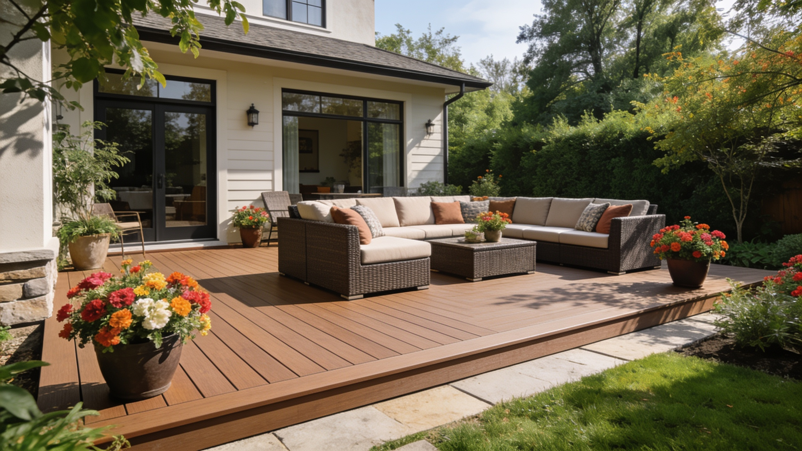 Terrasse composite décorée de bacs à fleurs colorés en plein été québécois