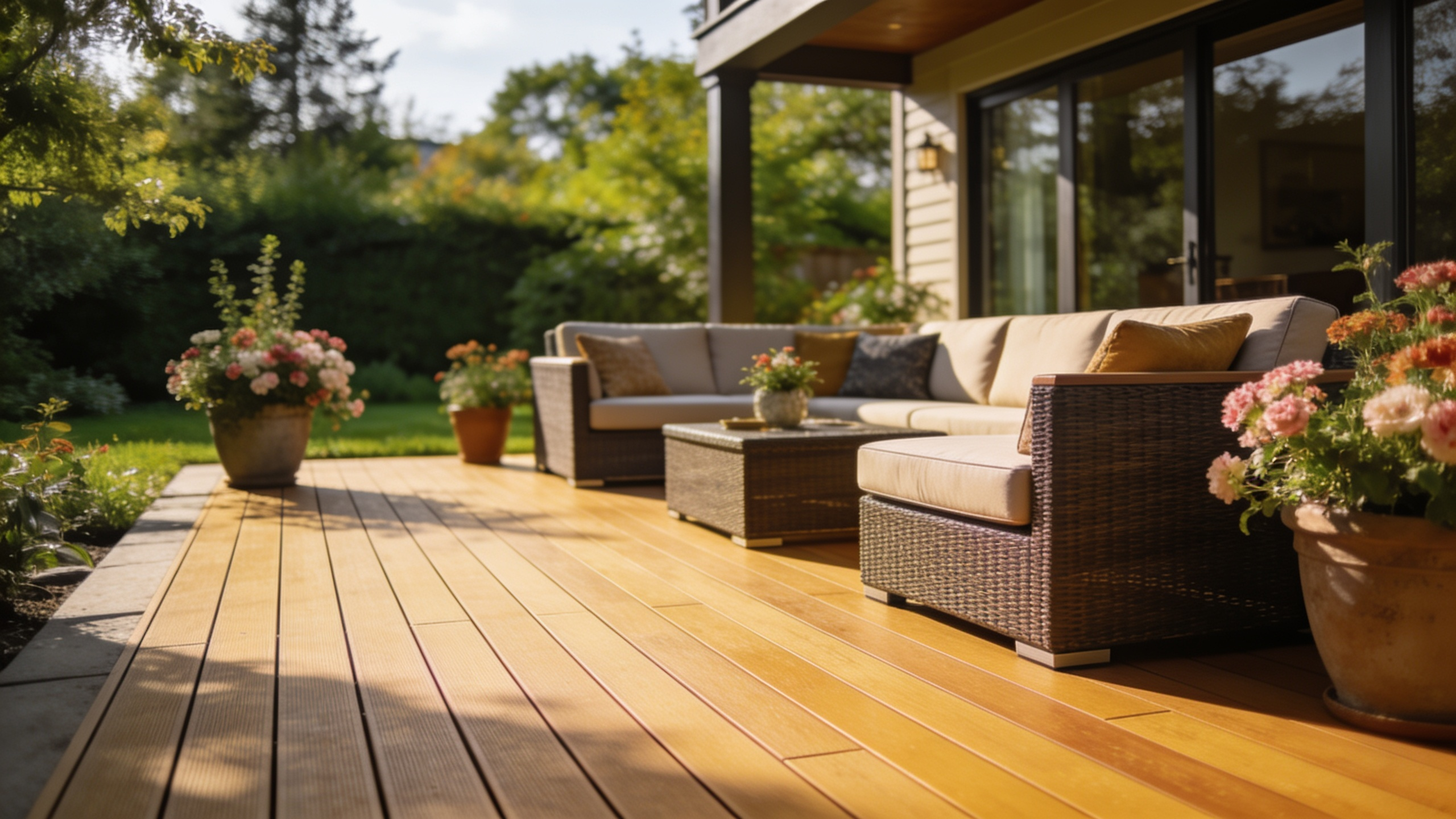 Coin détente ensoleillé sur une terrasse composite avec canapé confortable et fleurs