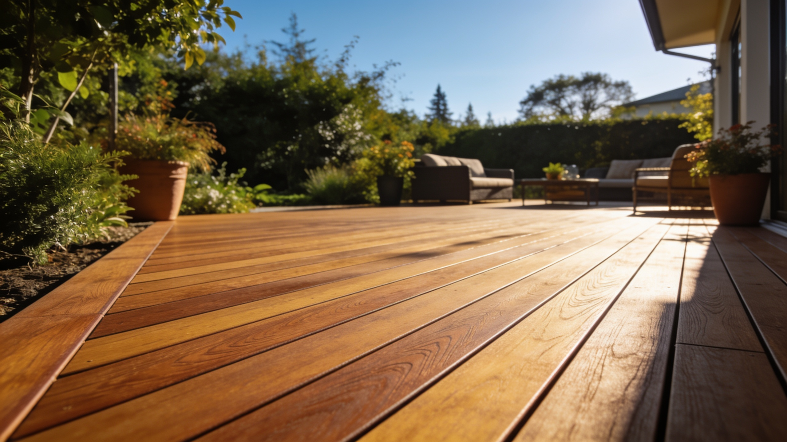 Terrasse composite ensoleillée un après-midi d'été au Québec