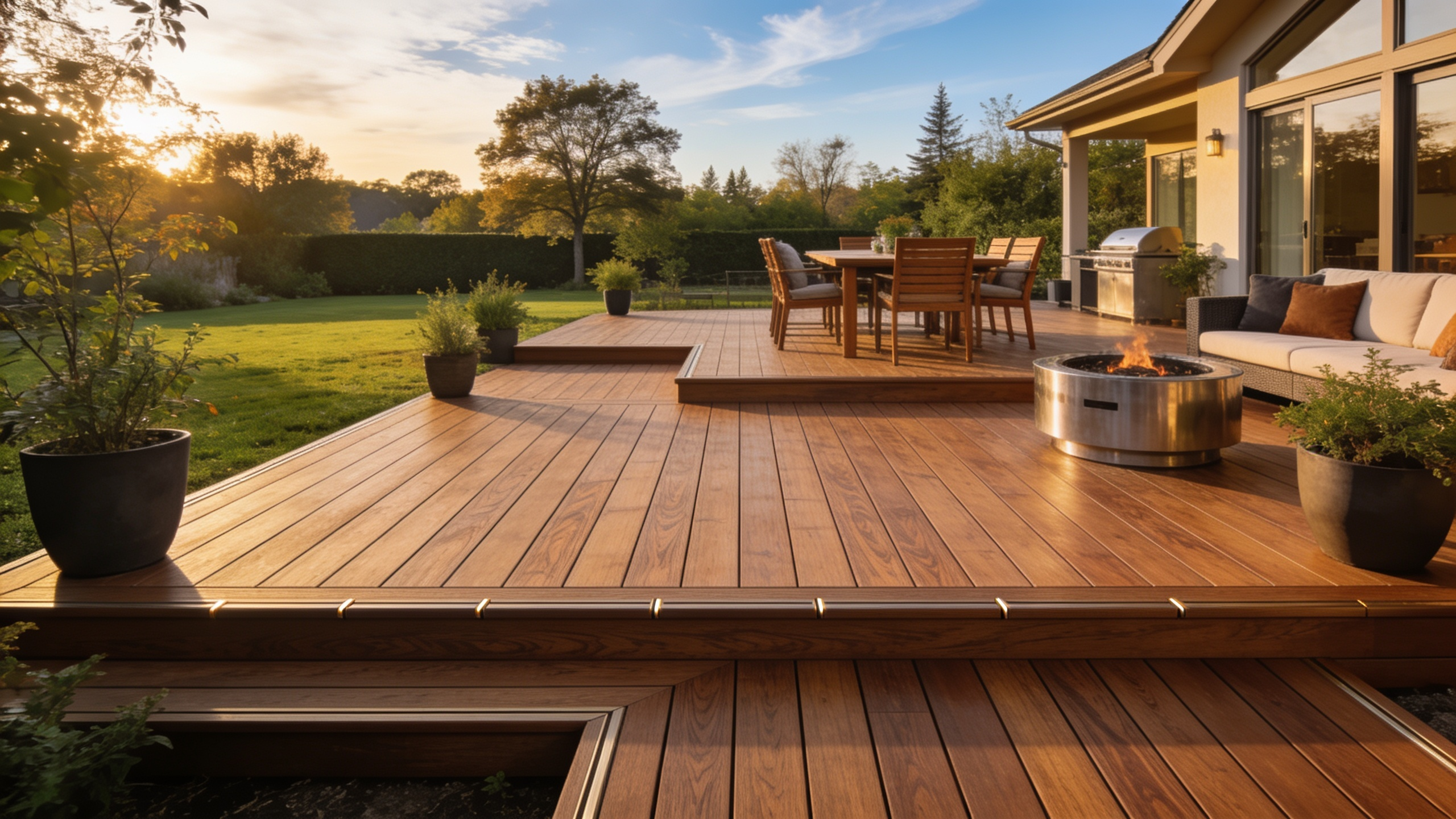 Belle terrasse composite multi-niveaux au coucher du soleil, valorisant une maison au Québec