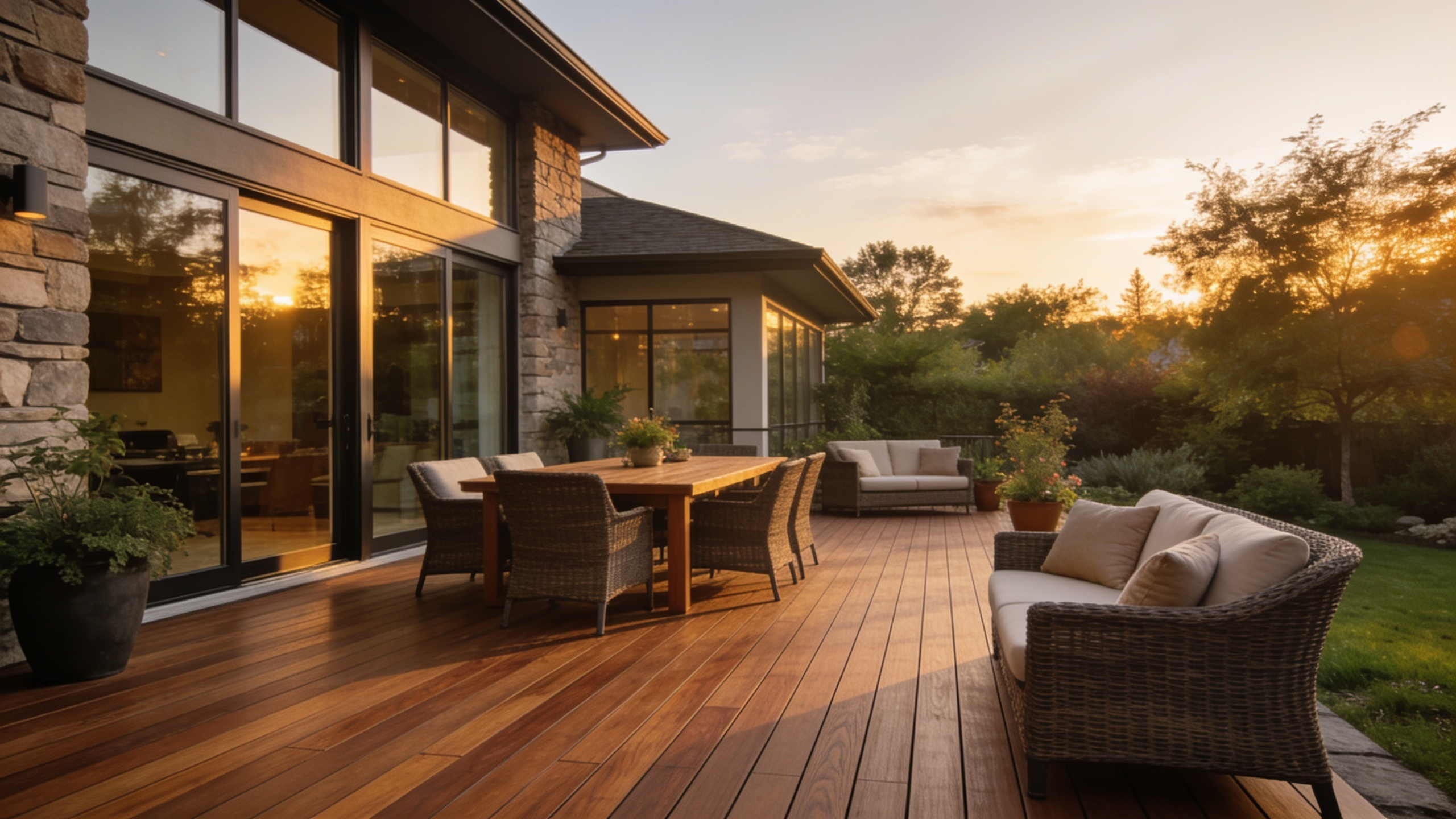 Terrasse composite aménagée pour une soirée détente au coucher du soleil au Québec