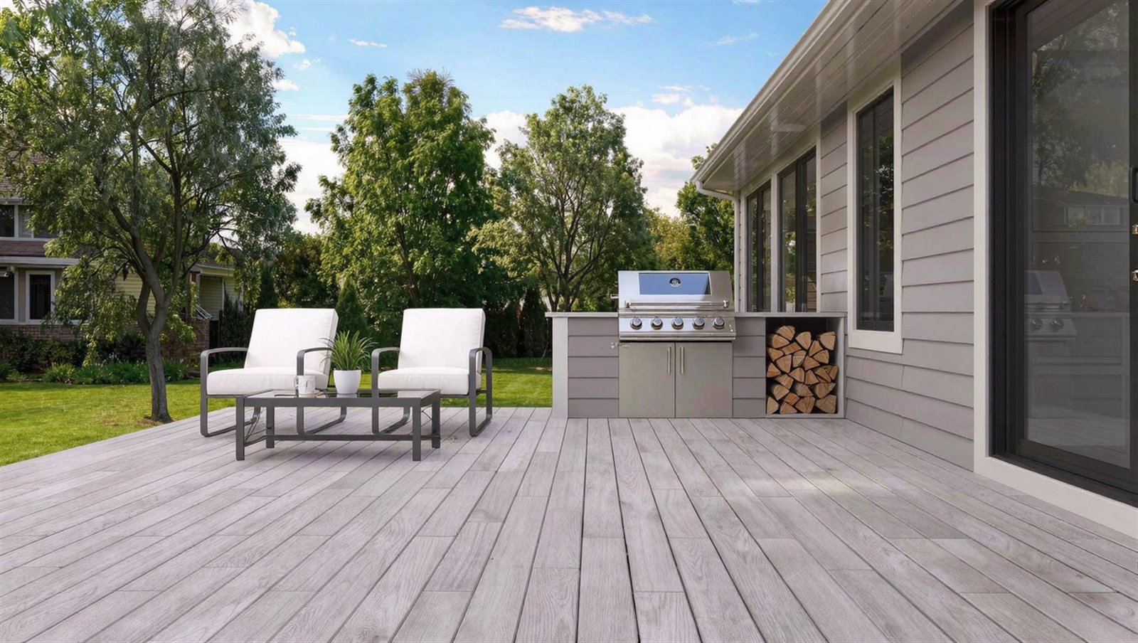 Terrasse composite grise avec station BBQ intégrée, gril encastré en acier inoxydable et rangement de bois