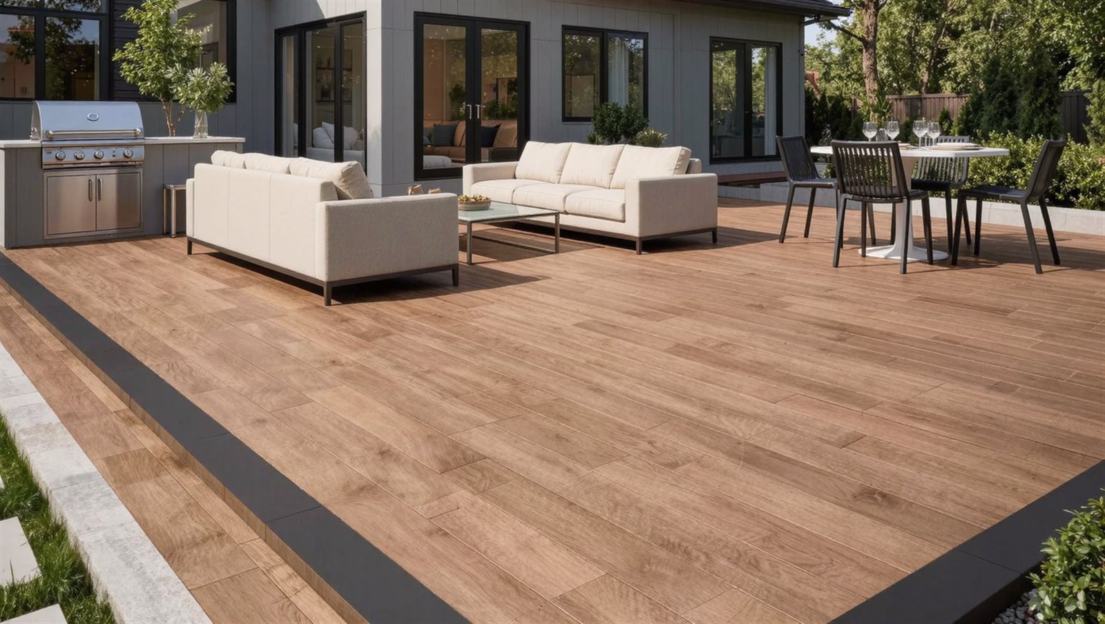 Grande terrasse composite brune avec sofas crème et salle à manger, prolongement du salon d'une maison moderne