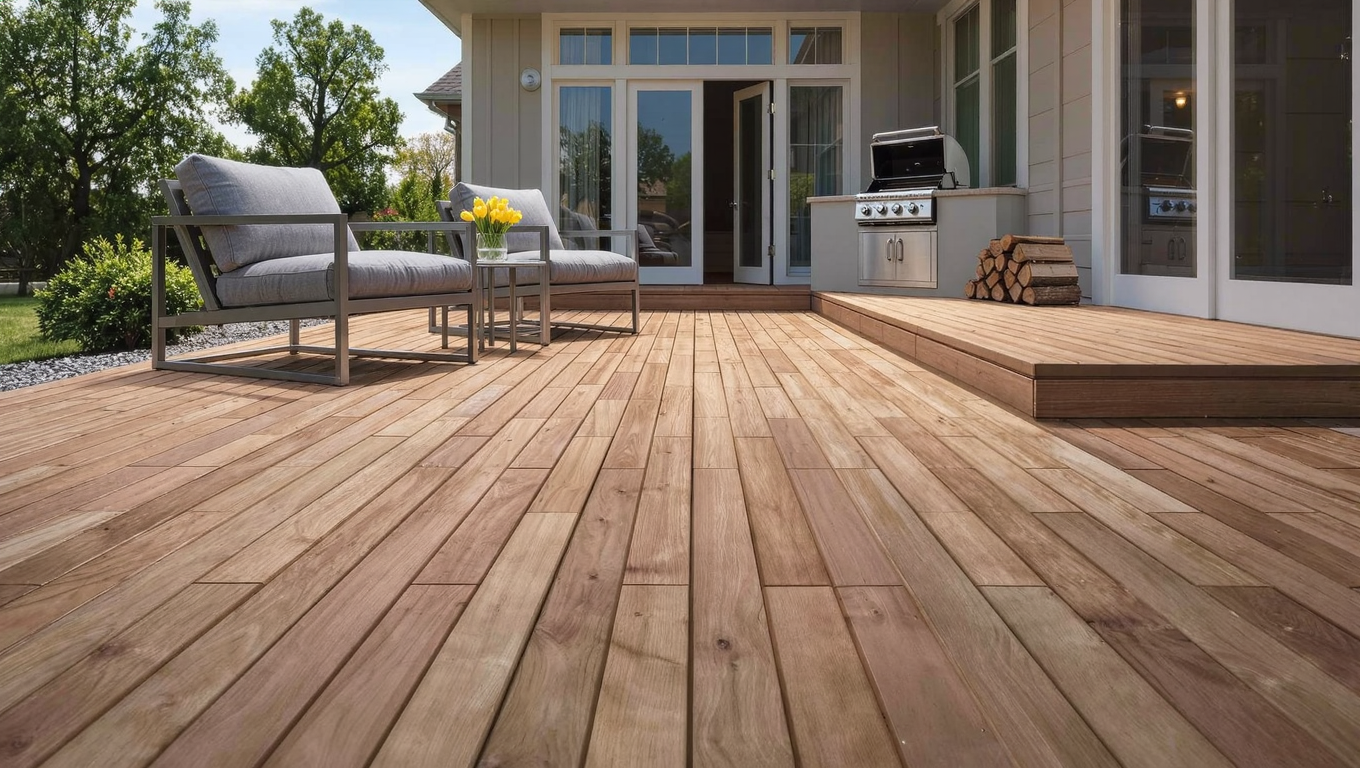 Terrasse composite au fini bois naturel dans un aménagement extérieur durable au Québec