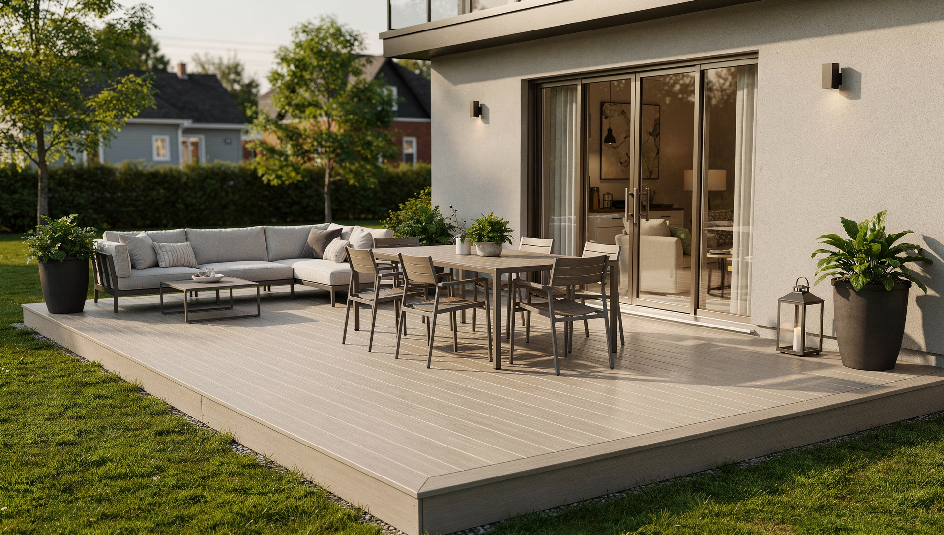 Terrasse composite paisible pouvant servir de bureau extérieur l'été au Québec
