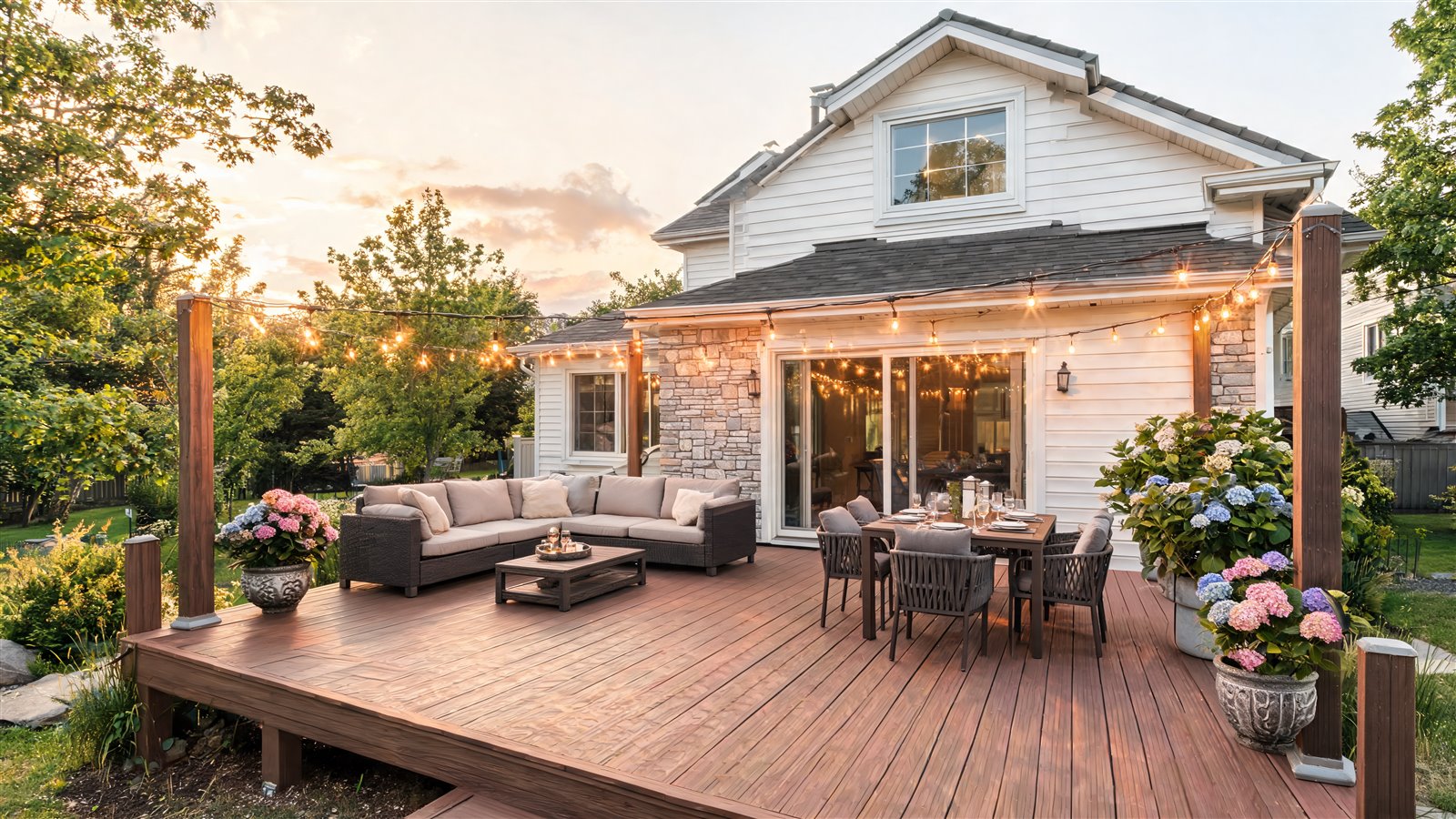 Terrasse composite aménagée pour recevoir avec coin lounge, table dressée pour six et guirlandes lumineuses au crépuscule
