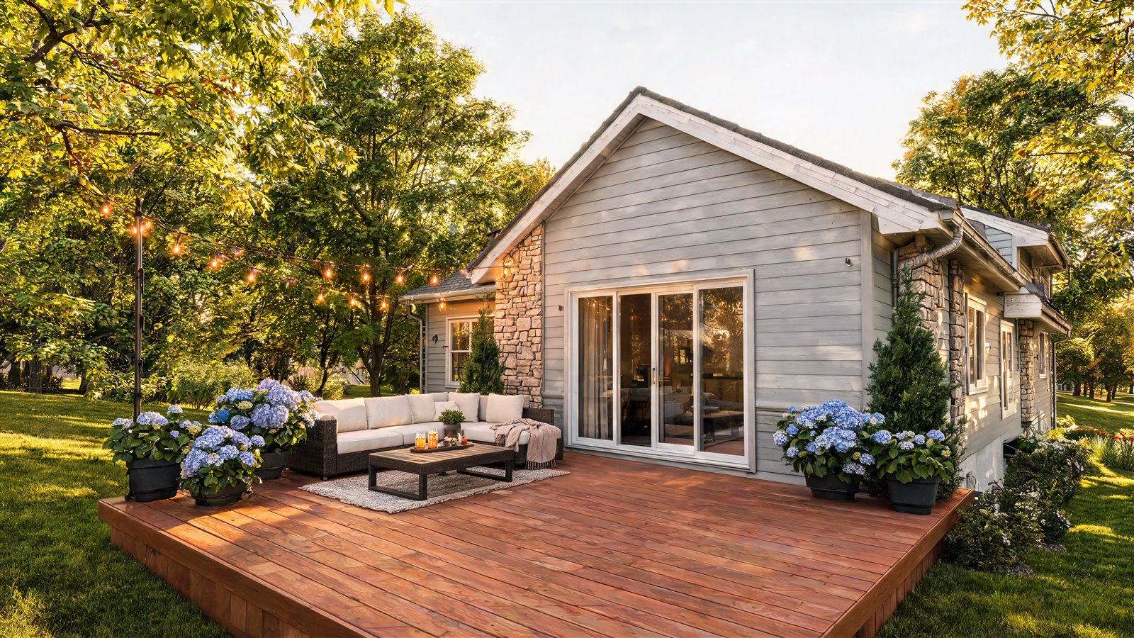 Terrasse composite de plain-pied sans garde-corps avec sofa, tapis extérieur et hortensias près d'une maison grise