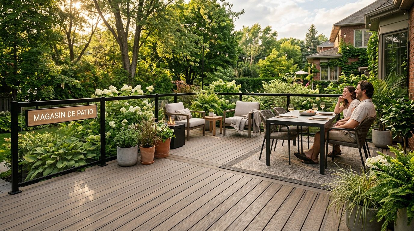 Couple profitant d'un souper d'été sur une terrasse composite entourée d'un jardin québécois luxuriant